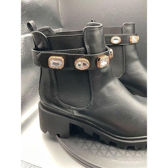 Chelsea Boots Black with Block Heel & Bedazzled Gem Cuff Size 9 Chunky Blingy - Picture 11 of 13